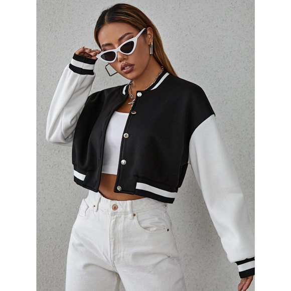 Drop Shoulder Two Tone Crop Bomber Jacket preppy black white - Picture 3 of 11